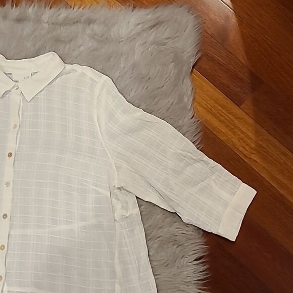 J‎ jill womens white sheer plaid button down long sleeve shirt size large petite - Picture 2 of 6